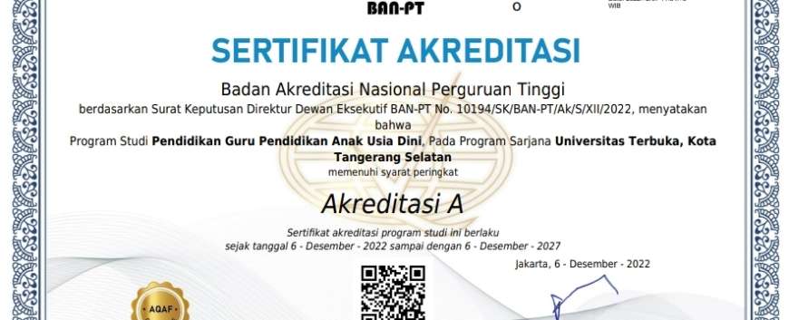 Prodi PG PAUD UT Mendapat Akreditasi A dari BAN PT